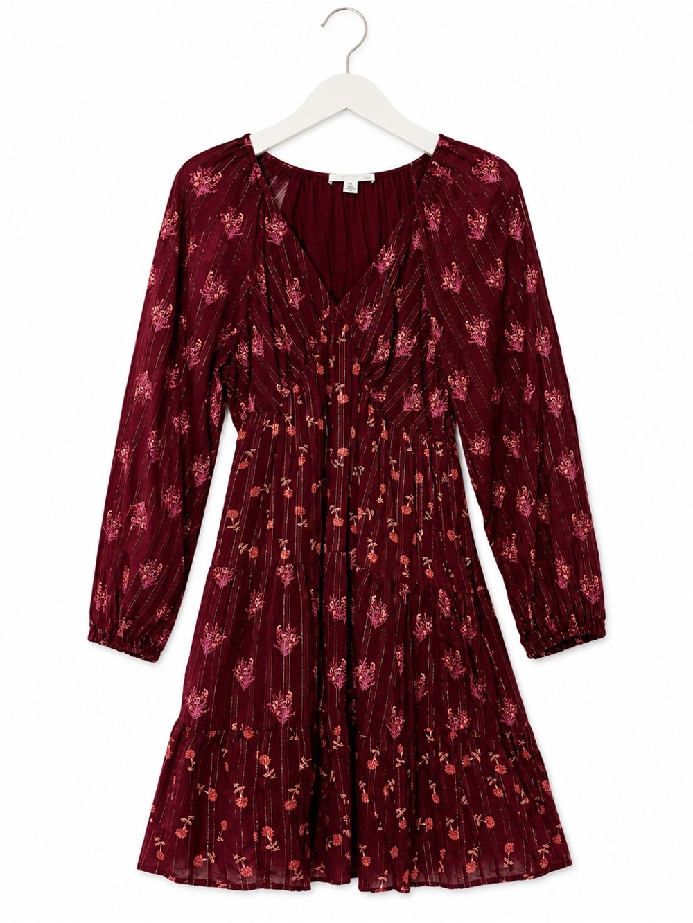 Treasure & Bond Burgundy Floral V-Neck Long Sleeve Dress